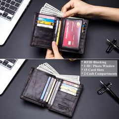 BULLCAPTAIN Large Capacity Genuine Leather Bifold Wallet/Credit Card Holder for Men with 15 Card Slots QB-027 (Purple)