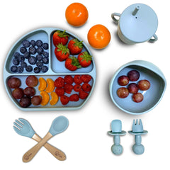 O'doe Baby Led Weaning Feeding Supplies for Toddlers, Baby Feeding Set | Suction Silicone Baby Bowl-Self Eating Utensils Set with Spoons, Bibs, Toddlers Spoon Set | Infant Food Plate Kit (Blue, V2)