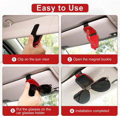GDTOMEEU Sunglasses Holder for Car, Leather Magnetic Buckle Sun Visor Sunglass Clip, Ticket Card Storage Glasses Clip, Car Interior Accessories for Men and Women (Black-Red)