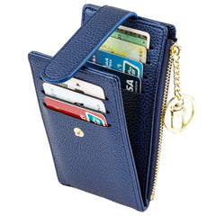 Valentoria Slim RFID Blocking Card Holder Small Pocket Wallet Keychian Zipper Coin Purse Mini Cash & Coin & Cards Case for Women Men, ZZ1-A-Lichee Leather-Dark Blue
