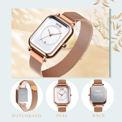 SKMEI Wrist Watch for Men Women, Fashion Waterproof Quartz Analog Watch with Time Date, Rectangle Dial Business Dress Hand Watch for Couple - Rose Gold