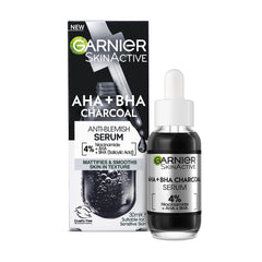 Garnier Skinactive 4% AHA + BHA (Salicylic Acid) & Niacinamide Charcoal Serum, Resurface & Smooth Skin Texture, Improve Appearance Of Marks & Blemishes, Suitable for Sensitive Skin, 30ml