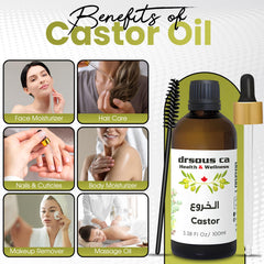Drsous Ca Organic Castor Oil 100ml | 100% Pure Cold Pressed Hexane Free Castor Oil for Hair Growth, Eyelashes and Eyebrows | Skin Moisturiser with Vitamin E | Made in Palestine