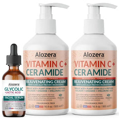 Alozera Vitamin C Body Lotion (2-Pack) and AHA Serum with Glycolic and Lactic Acid – Hydrating and Renewing Skincare Duo for Smoother, Healthier-Looking Skin, Lightweight, Fragrance-Free