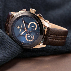 MASERATI Men's 'Traguardo' Quartz Stainless Steel and Leather Fashion Watch, Color:Brown (Model: R8871612024)