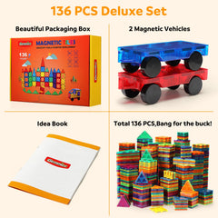 Gemmicc Magnetic Tiles, Deluxe 136 PCS Building Blocks Magnet Toys for Kids,3D Magnet Puzzles Stacking Blocks for Boys Girls,Huge Set with 2 Cars