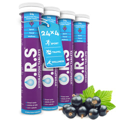O.R.S Hydration Tablets with Electrolytes, Vegan, Gluten and Lactose Free Formula – Natural Blackcurrant Flavour, 96 Tablets (Pack of 4)