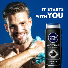 NIVEA MEN Active Clean 3in1 Shower Gel, Cleans Body, Face and Hair, with Active Charcoal, for Purified and Stimulating Skin, for All Skin Types, 500ml (Pack of 2)