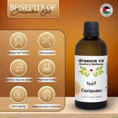 Drsous Ca Coriander Essential Oil 100ml | 100% Pure and Undiluted Cold Pressed Therapeutic Grade Coriander Oil for Skin and Hair care, Muscle and Joint Relief | Made in Palestine
