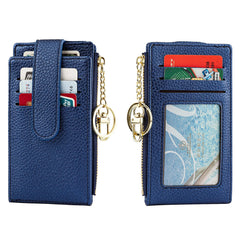Valentoria Slim RFID Blocking Card Holder Small Pocket Wallet Keychian Zipper Coin Purse Mini Cash & Coin & Cards Case for Women Men, ZZ1-A-Lichee Leather-Dark Blue