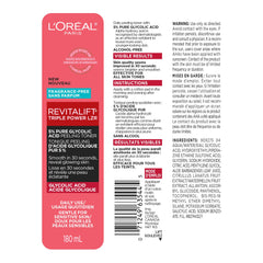 L'Oreal Paris Revitalift 5% Pure Glycolic Acid Peeling Toner from Derm Intensives with Aloe Vera, Smooth Skin & Reveal Glow, Daily Exfoliant for Brighter Skin, Fragrance and Alcohol Free, 6 Fl Oz