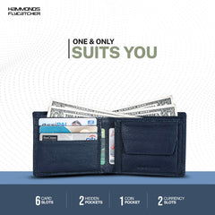 HAMMONDS FLYCATCHER Genuine Leather Wallet for Men - RFID Protected Leather Purse for Men, Money Purse for Men, Bi-Fold Wallet - 6 Card Slots, 1 Card Case, Coin Pocket, Hidden Pockets - Blue
