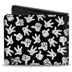 Buckle-Down Men's Mickey Mouse M Icon/Hand Gestures Scattered Black/White Bi-Fold Wallet, Multicolor, Default Size