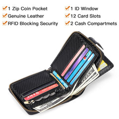 Men Wallet Genuine Leather RFID Blocking Bifold Wallet with ID Window Zip Coin Pocket (Black, One size)
