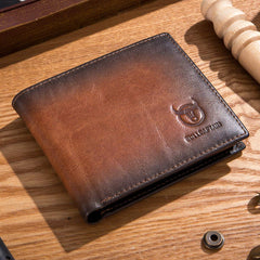 BULL CAPTAIN Wallets for Men with Double Zip Coin Purse Bifold Vintage Genuine Leather Slim Front Pocket Wallet Money Clip QB-6 (Brown)