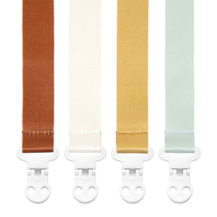 Stadela Baby Pacifier Clip Holder - Girl or Boy Unisex 4 Pack Gift Set β Boho Modern Neutral Brown Yellow White Sage Green Solid Colors (Hayden)