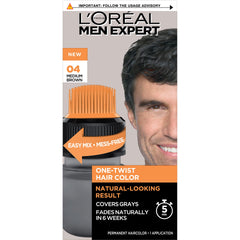 L’Oréal Paris Men Expert One Twist Mess Free Permanent Hair Color, Mens Hair Dye to Cover Grays, Easy No Mix Ammonia Free Application, Medium Brown 04, 1 Application