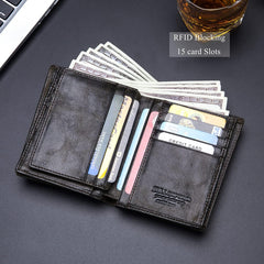 BULLCAPTAIN Large Capacity Genuine Leather Bifold Wallet/Credit Card Holder for Men with 15 Card Slots QB-027 (Olive Green)