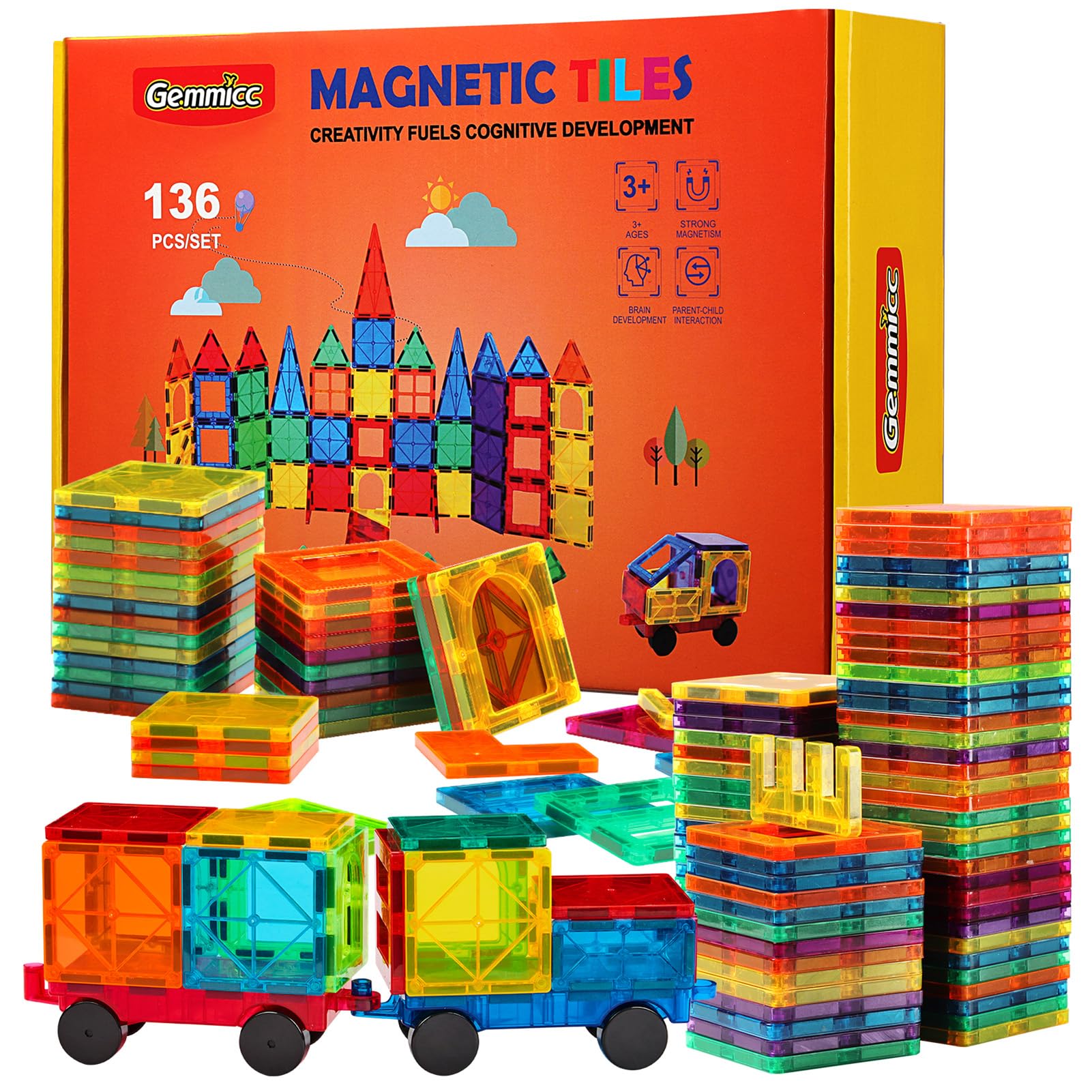 Gemmicc Magnetic Tiles, Deluxe 136 PCS Building Blocks Magnet Toys for