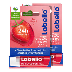 Labello Strawberry Shine Lip Balm, 24H Melt-In Moisture, with Shea Butter and Natural Oils Enriched with Vitamins, with Natural Ingredients, Mineral Oil Free, Vegan, 4.8g, Pack of 2