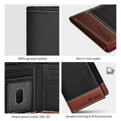 VALENCHI Men's Genuine Leather Rfid Blocking Slim Trifold Wallet With 7 Cards+1 Id Window+2 Note Compartments - Black Tan