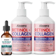 Alozera Retinol + Collagen Firming Body Lotion (2-Pack) with AHA Glycolic + Lactic Acid Serum – Renewal & Firming Skincare Set for Smoother, Healthier-Looking Skin, Lightweight, Fragrance-Free