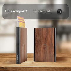 OGON Aluminum automatic card holder Slider - RFID Blocking – The original minimalist slim wallet for men and women - Up to 6 cards - Covering Wood Imitation Sequoia
