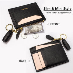 Minimalist Small Leather Card Holder Pocket Wallet Womens Coin Purse Handbag (Black)