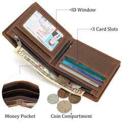 Polare Men's RFID Blocking Cowboy Genuine Natural Crazy Horse Leather Bifold Wallet - Brown-Large with AirTag Slot