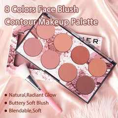 COOSA Blush Palette, Makeup 8 Color Contour and Highlight Blush Palette Matte Blush Powder Bright Shimmer Face Cosmetics Blusher Light Face Blush Palette with Blush Brush