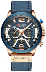 CURREN Mens Leather Watch Chronograph Fashion Military Multi-Function Waterproof Quartz Watch Leather Strap (Gold) (Blue)