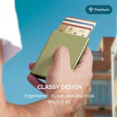 OGON Aluminum automatic card holder Slider - RFID Blocking – The original minimalist slim wallet for men and women - Up to 6 cards - Matt Paint Cactus Green