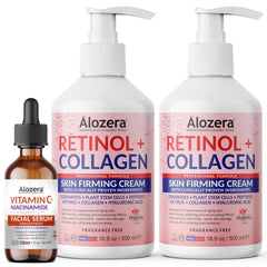 Alozera Retinol + Collagen Firming Body Lotion (2-Pack) with Vitamin C Serum with Niacinamide & Ferulic Acid – Firming, Hydrating & Radiance-Enhancing Skincare Set for Face, Neck & Body, Fragrance-Free