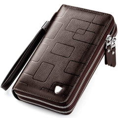 Mens Clutch Bag Handbag Genuine Leather Purse Zipper Long Wallet Business Large Hand Clutch Phone Holder - Stripe Brown Double Zipper