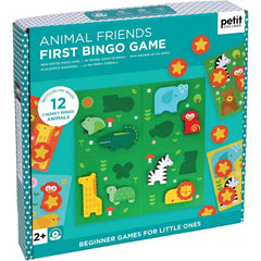 Petit Collage: First Bingo Game – Animal Friends – Includes 12 Wooden Animals, 4 Bingo Cards, 27 Tokens & Cloth Bag – Screen-Free Toddler Game Ages 2+ – Educational Matching & Counting Gift