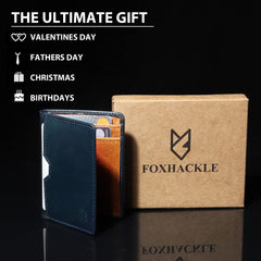 FOXHACKLE RFID Bifold Leather Wallet, Slim Minimalist Card Holder for Men & Women- Blue Tan