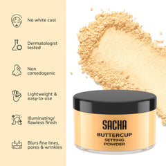 Sacha Cosmetics BUTTERCUP POWDER. No ashy flashback in selfies and photos. Flash-friendly loose face powder for medium to deep skin tones. 1.25 oz