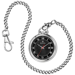 Bulova Classic Pocket Watch 3-Hand Date Quartz Stainless Steel, Black Dial with Detachable Chain Style: 96B308, Silver Tone, Classic Pocket Watch
