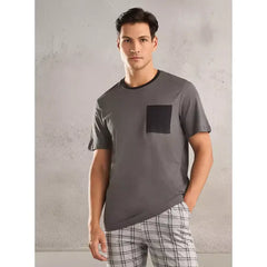 Plain T-shirt and Checked Pyjama Set - Gray