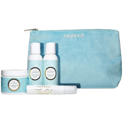 LaLicious Sugar Reef Travel Set - Whipped Sugar Scrub, Shower Gel / Bubble Bath, Body Butter & Body Oil in a Luxe Velour Makeup Bag - 4 Piece Kit