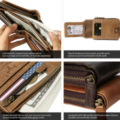 MING CLAN Zipper Wallet Men RFID Blocking Leather Bifold Wallets For Men - Flap ID Window Zip Coin Pocket Mens Zipper Wallets - Big Capacity - Tobacco