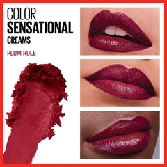 Maybelline Color Sensational Lipstick, Lip Makeup, Cream Finish, Hydrating Lipstick, Nude, Pink, Red, Plum Lip Color, Plum Rule, 0.15 oz; (Packaging May Vary)