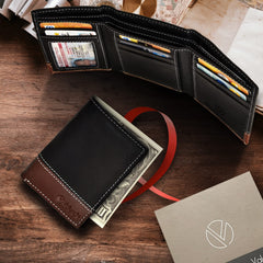 VALENCHI Men's Genuine Leather Rfid Blocking Slim Trifold Wallet With 7 Cards+1 Id Window+2 Note Compartments - Black Tan