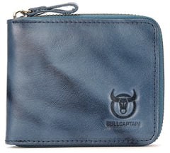 BULLCAPTAIN Mens Genuine Leather Zipper Wallet RFID Blocking Bifold Secure Zip Around Wallets Multi Credit Card Holder Purse, Blue, Small, Simplicity (QB-045)