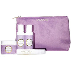 LaLicious Sugar Lavender Travel Set - Whipped Sugar Scrub, Shower Gel / Bubble Bath, Body Butter & Body Oil in a Luxe Velour Makeup Bag - 4 Piece Kit