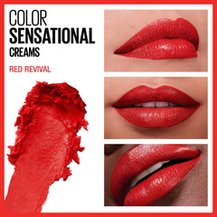 Maybelline Color Sensational Lipstick, Lip Makeup, Cream Finish, Hydrating Lipstick, Nude, Pink, Red, Plum Lip Color, Red Revival, 0.15 oz; (Packaging May Vary)