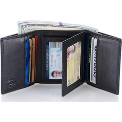 Stealth Mode Leather Trifold RFID Wallet For Men With Flip Out ID Holder - Black
