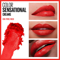 Maybelline Color Sensational Lipstick, Lip Makeup, Cream Finish, Hydrating Lipstick, Nude, Pink, Red, Plum Lip Color, On Fire Red, 0.15 oz; (Packaging May Vary)