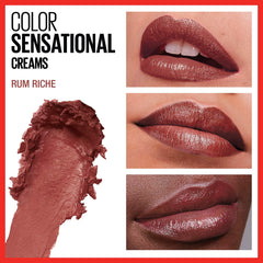 Maybelline Color Sensational Lipstick, Lip Makeup, Cream Finish, Hydrating Lipstick, Rum Riche, Deep Nude,1 Count