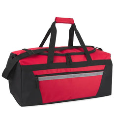 40 Liter 22 Inch Duffle Bag with Reflective Stripe, Front Accessory Pocket, Velcro Handles, Dual Zipper Closure and Luggage Strap for Traveling, Commuting, Sports and Gym Equipment in Black & Silver`